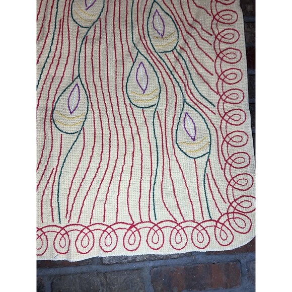 Vintage Chenille Peacock Rug Red Green Yellow White ~ 30”x55” 40-50’s Mod - Picture 16 of 16